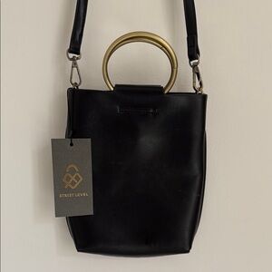 Street Level Black Leather Crossbody Bag with Gold Ring Handle